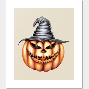 Vintage halloween pumpkin with witch hat Posters and Art